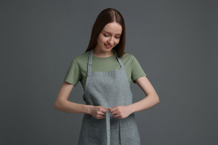 Beautiful young woman wearing kitchen apron on grey background. Mockup for designの写真素材