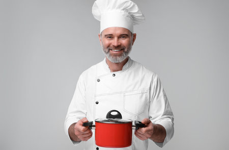 Happy chef in uniform with cooking pot on grey backgroundの写真素材