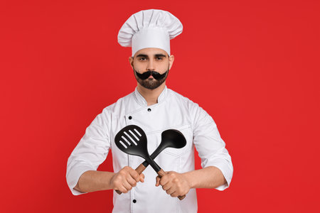 Professional chef with funny artificial moustache holding kitchen utensils on red backgroundの写真素材