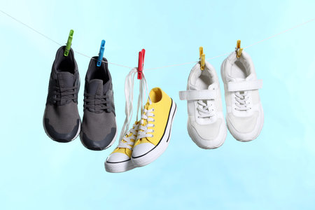 Different stylish sneakers drying on washing line against light blue background