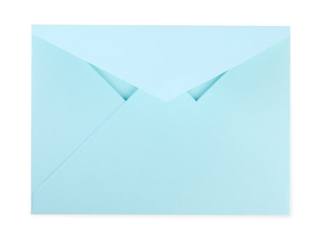 Open light blue letter envelope isolated on white, top viewの写真素材