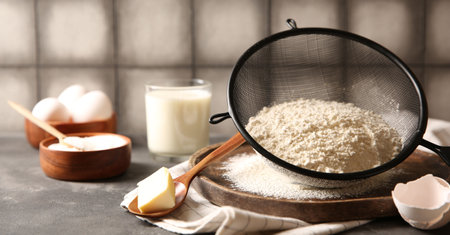 Making dough. Flour in situ, spoon and butter on gray table, closeup