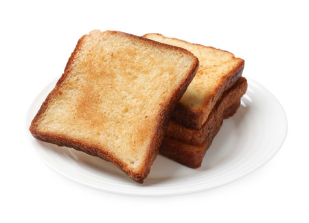 Pieces of fresh toast bread isolated on whiteの写真素材