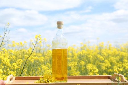 Rapeseed oil in bottle on tray in field, closeupの写真素材