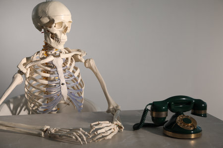 Waiting concept. Human skeleton at table with corded telephone against gray backgroundの写真素材