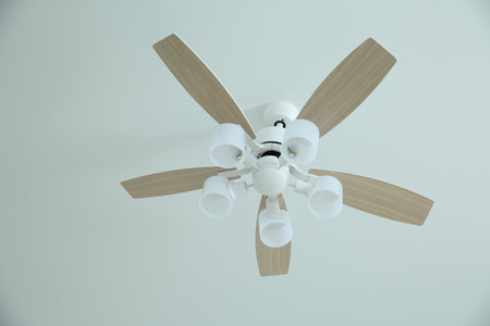 Ceiling fan with lamps indoors, low angle view