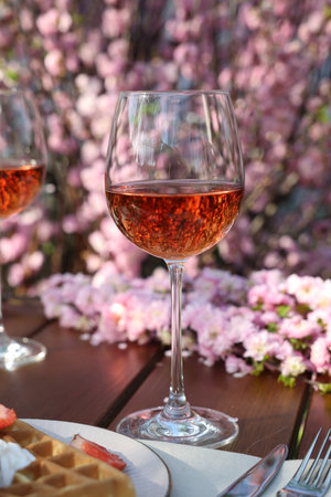 Glasses of rose wine on table in spring gardenの写真素材