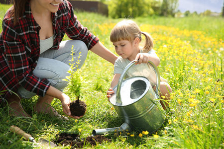 Mother and her daughter planting tree together outdoorsの写真素材