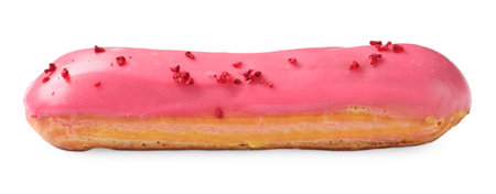 Delicious eclair covered with pink glaze isolated on whiteの写真素材