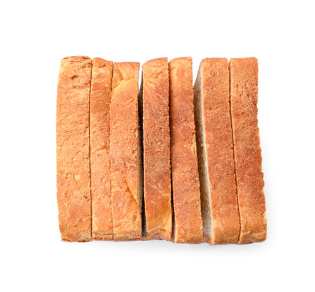 Pieces of fresh toast bread isolated on white, top view