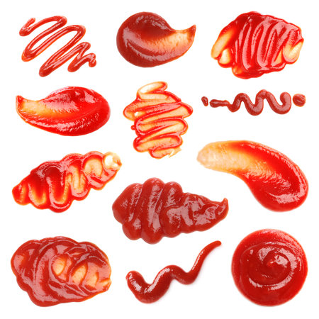 Set of tomato sauces isolated on white, top viewの写真素材