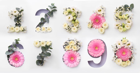 Numbers and beautiful flowers on white background, top view. Banner designの写真素材
