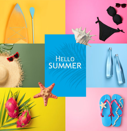 Hello summer. Collage with beach stuff and pitahayaの写真素材