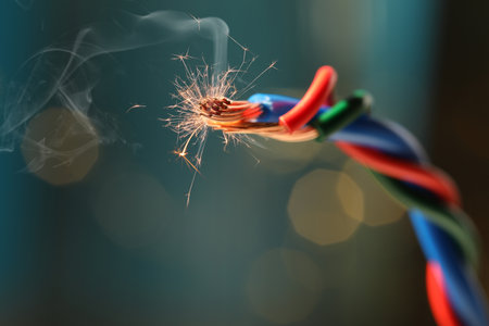 Sparking wiring on blurred background, closeup viewの写真素材