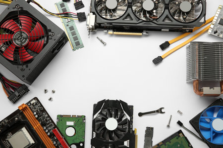 Frame of graphics card and other computer hardware on white background, flat lay. Space for textの写真素材