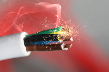 Sparking wiring on blurred background, closeup viewの写真素材
