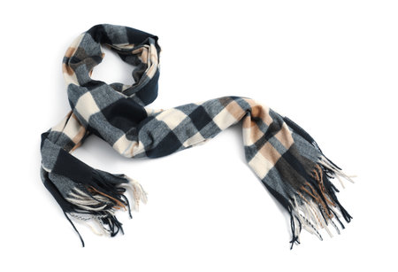 One beautiful checkered scarf on white background, top viewの写真素材