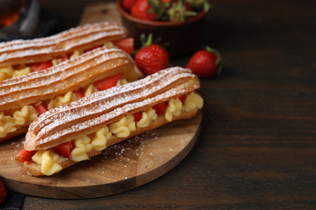 Delicious eclairs filled with cream and strawberries on wooden table, space for text