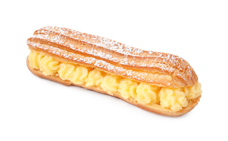 Delicious eclair filled with cream isolated on white