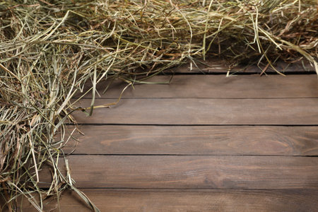 Frame made of dried hay on wooden table, top view. Space for textの写真素材