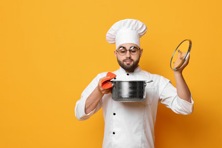 Professional chef smelling something in cooking pot on yellow background, space for textの写真素材