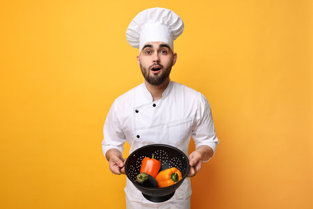 Surprised chef holding colander with vegetables on yellow backgroundの写真素材