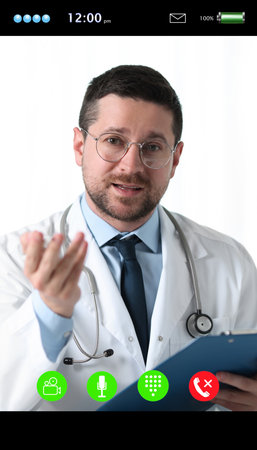 Online medical consultation. Doctor working via video chat applicationの写真素材