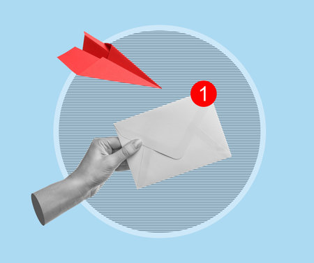 Message, creative art collage. Hand with envelope and paper plane on light blue backgroundの写真素材