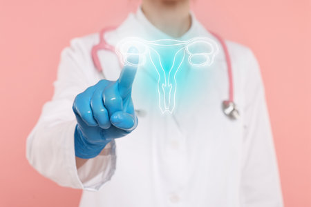 Doctor and illustration of female reproductive system on pink background, closeupの写真素材