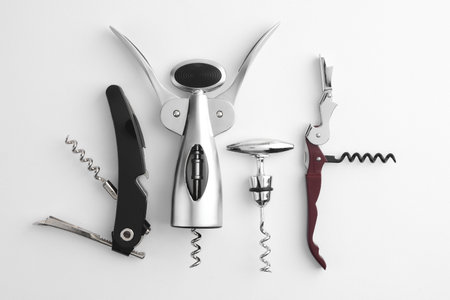 Different corkscrews on white background, flat layの写真素材