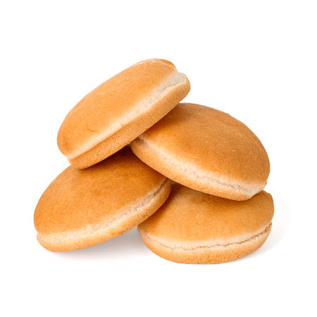 Many fresh burger buns isolated on whiteの写真素材