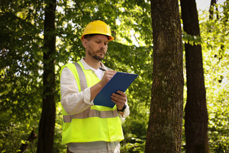 Forester in hard hat with clipboard examining plants in forest