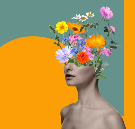 Creative art collage with beautiful meadow flowers and woman on color backgroundの写真素材