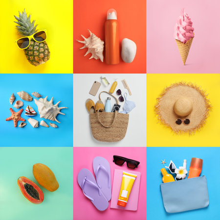 Collage with ice cream, fruits and beach accessories. Summer timeの写真素材