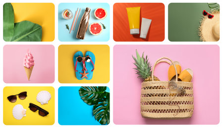 Collage with ice cream, tropical leaves and beach accessories. Summertime, banner designの写真素材