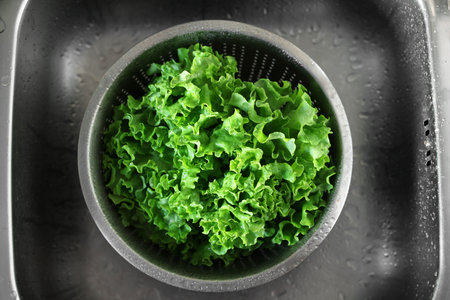 Colander with fresh wet lettuce in sink, top viewの写真素材