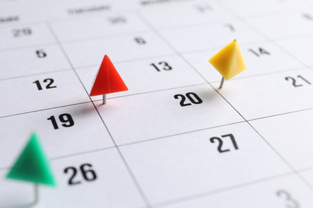 Timetable. Calendar page with drawing pins, closeupの写真素材