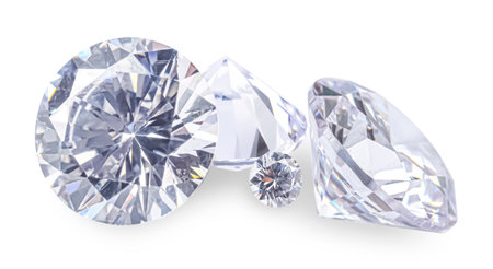 Many beautiful dazzling diamonds on white backgroundの写真素材