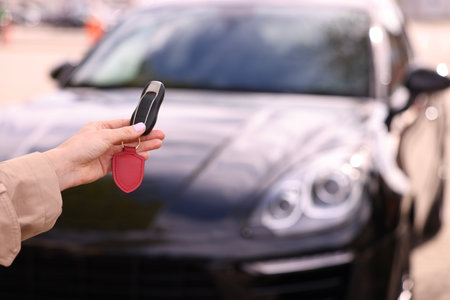 Woman holding car flip key near her vehicle outdoors, closeupの写真素材