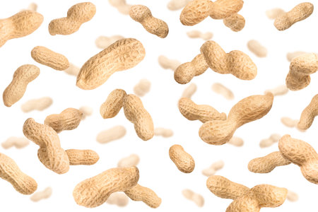 Unpeeled peanuts in the air on white background