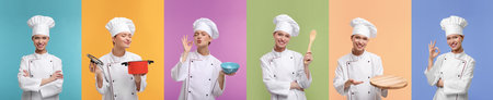Collage with photos of professional chef on different color backgroundsの写真素材
