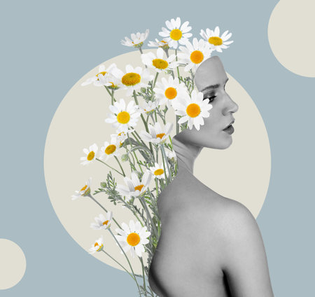 Creative art collage with beautiful meadow flowers and woman on color backgroundの写真素材