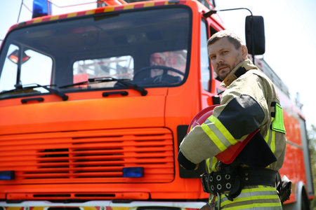 Portrait of firefighter in uniform with helmet near fire truck outdoors