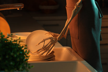 Human skeleton washing dishes in kitchen sink at night, closeup