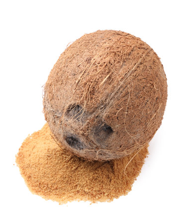 Coconut sugar and fruit isolated on whiteの写真素材