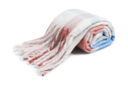 One beautiful checkered scarf on white backgroundの写真素材