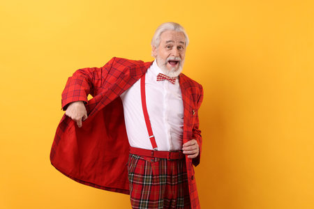 Portrait of grandpa with stylish red suit and bowtie on yellow backgroundの写真素材