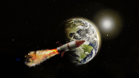 Rocket flying near planet in space, banner designの写真素材