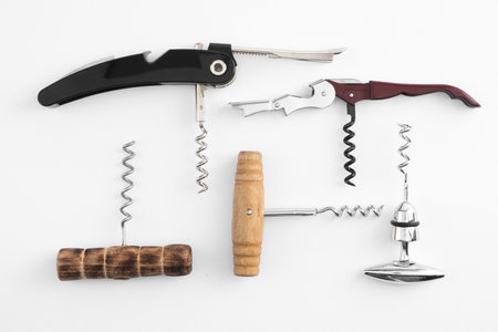 Different corkscrews on white background, flat layの写真素材