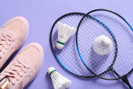 Feather badminton shuttlecocks, rackets and sneakers on violet background, flat layの写真素材